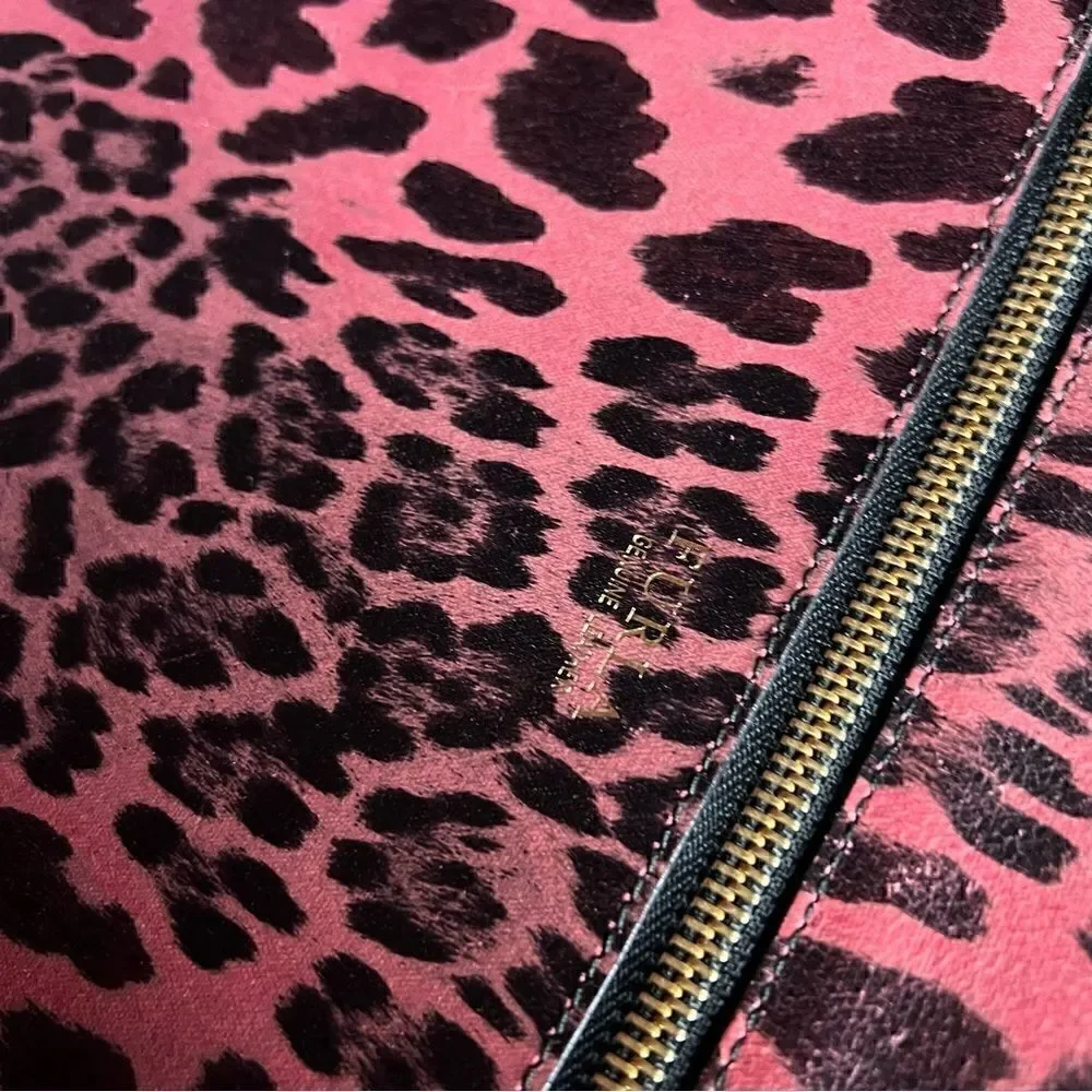 FURLA  Pink Leather Tote Bag with Eiffel Tower Charm Leopard Print Interior